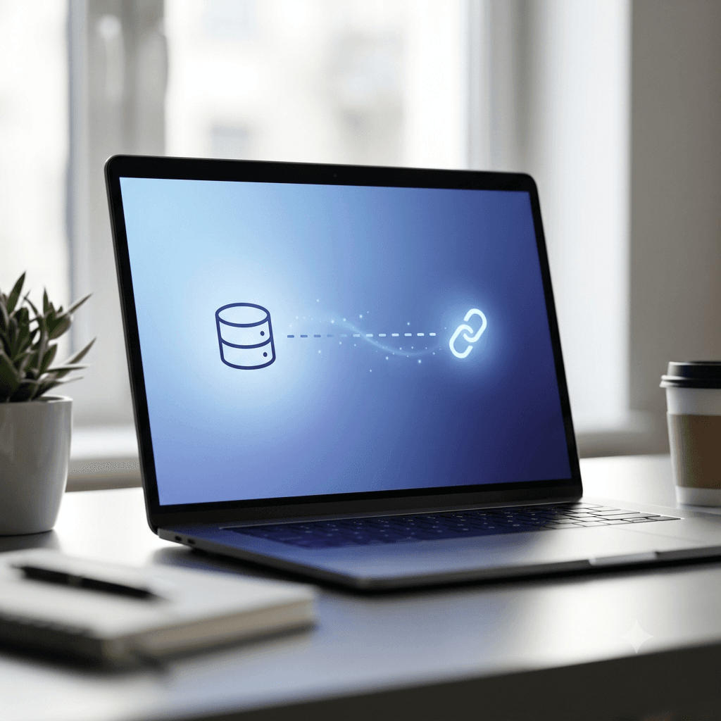 A laptop screen showing a data source connecting to a secure link